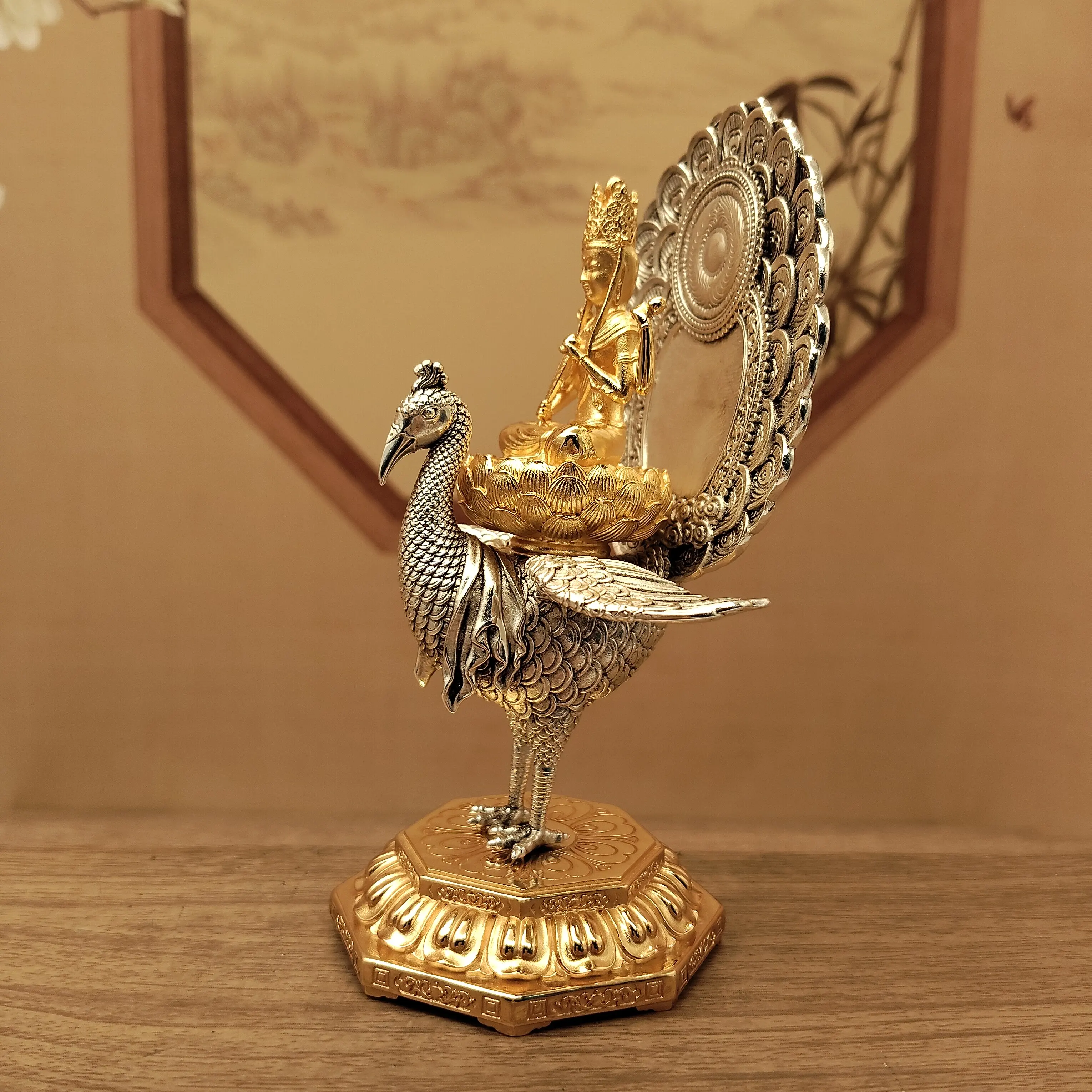 Tibetan Vajrayana Gold-Silver Plated Thai Style Peacock King Mahamayuri Statue 12cm Home Altar Blessing