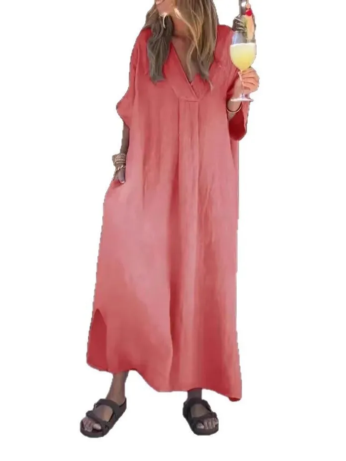 Luźna, długa spódnica damska z dekoltem w serek, wykonana z mieszanki bawełny i poliestru, idealna na lato, o kroju litery A.