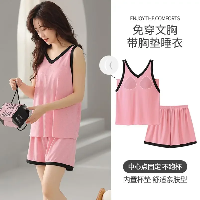 

Женский пижамный комплект из модала, бюстгальтер со встроенной подкладкой, топ и шорты, летняя свободная удобная домашняя одежда из 2 предметов, одежда для сна