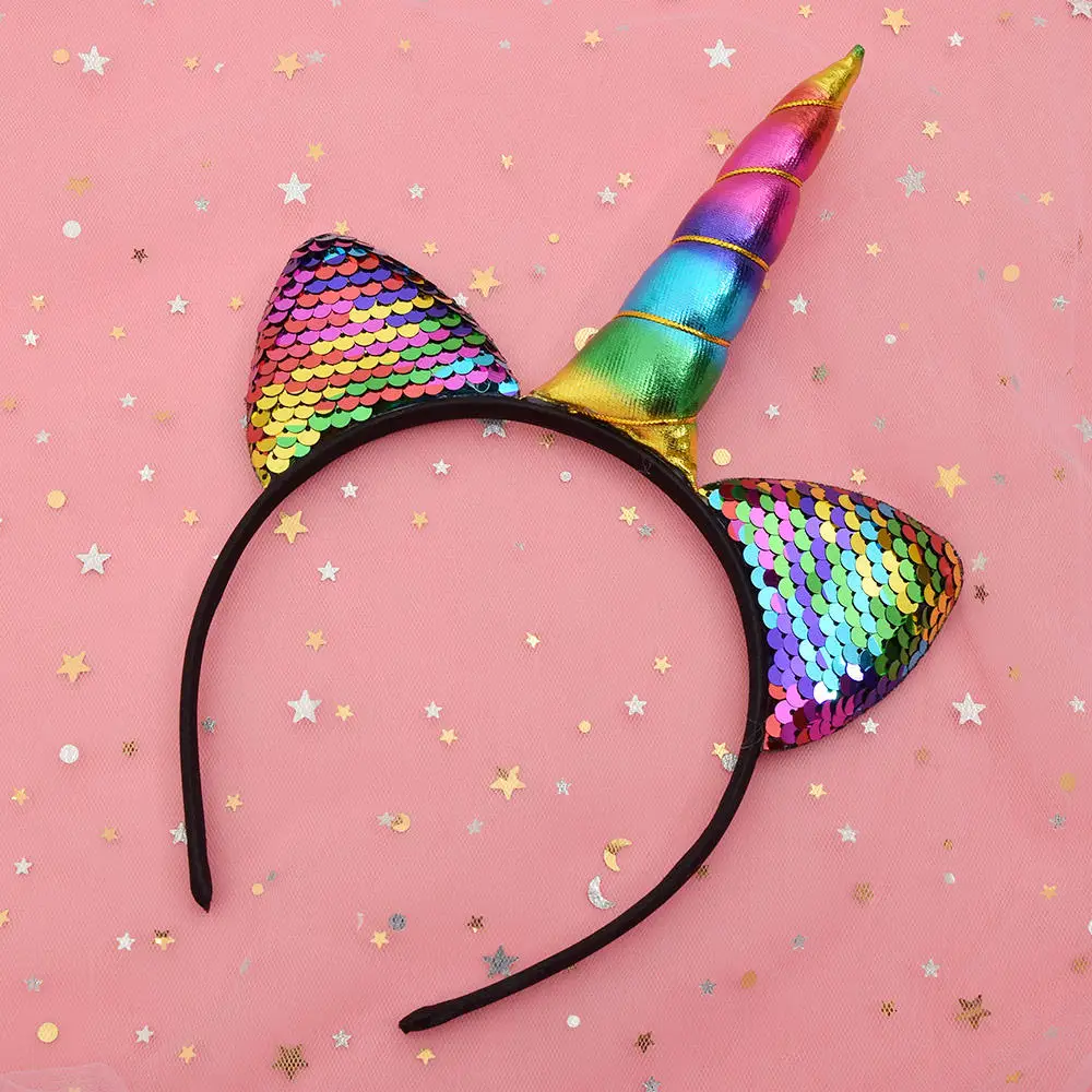 Rainbow Unicorn Headbands Can Flip Sequins Glitter Unicorn Girl Hairband Cat Ears Headwear Birthday Children Hair Accessories