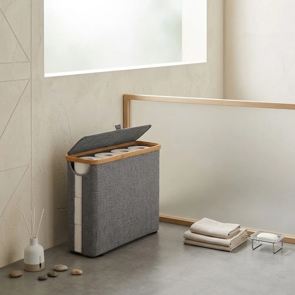 Waterproof Linen Toilet Roll Storage Bin Lid Side Pull Out Tissue-Slot Large Capacity Floor Standing Organizer