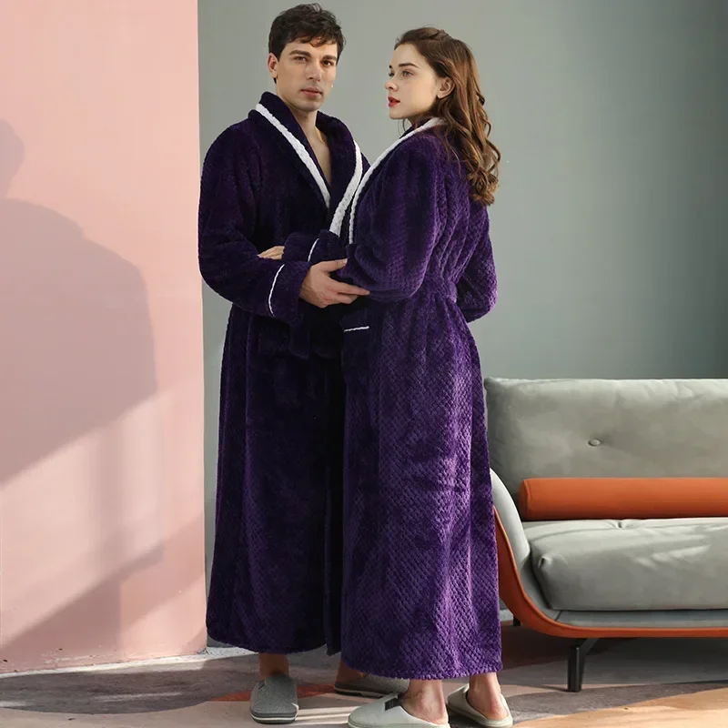 2024 New Long and Thick Beibei Velvet Couple\'s Sleeping Robe for Women in Winter, Large Flannel Bathrobe for Men in Autumn