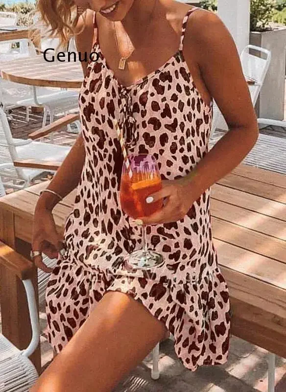 Sexy Spaghetti Strap Leopard Print Beach Mini Woman Dress 2021 Summer Loose Casual Boho Dresses For Women  Femme Robe