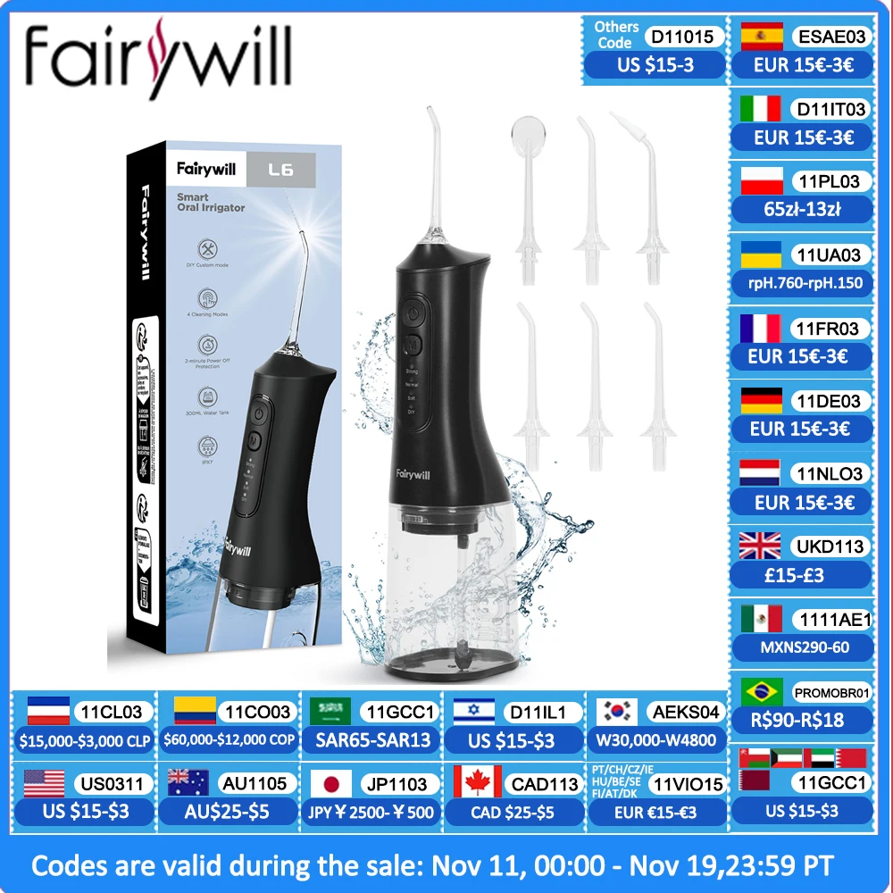 Fairywill USB المحمولة عن طريق الفم الري جهاز تنظيف الأسنان بالماء الأسنان المياه تبييض الأسنان 300 مللي 6 فوهات الفم تنظيف الفم للأقواس