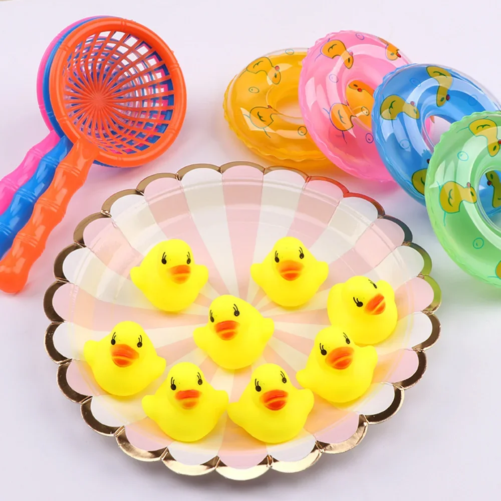 Water Yellow Ducks Fishing Net Toys Kids Floating Bath Toys Mini Swimming Rings Rubber Baby Bathing Swimming Set 상어장난감