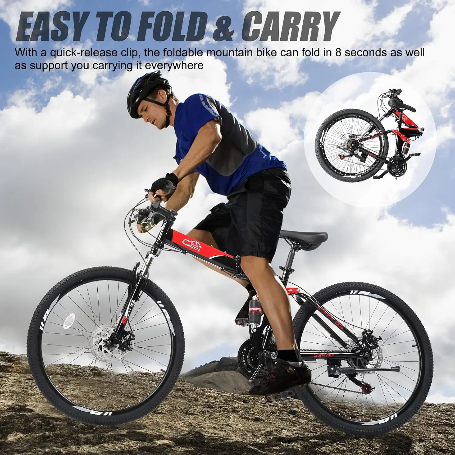 Folding Mountain Bike 21-Speed Adult Bikes 26/27.5 Inch Bike with High Carbon Steel Frame, Double-Kill Disc Brake System, Thicke