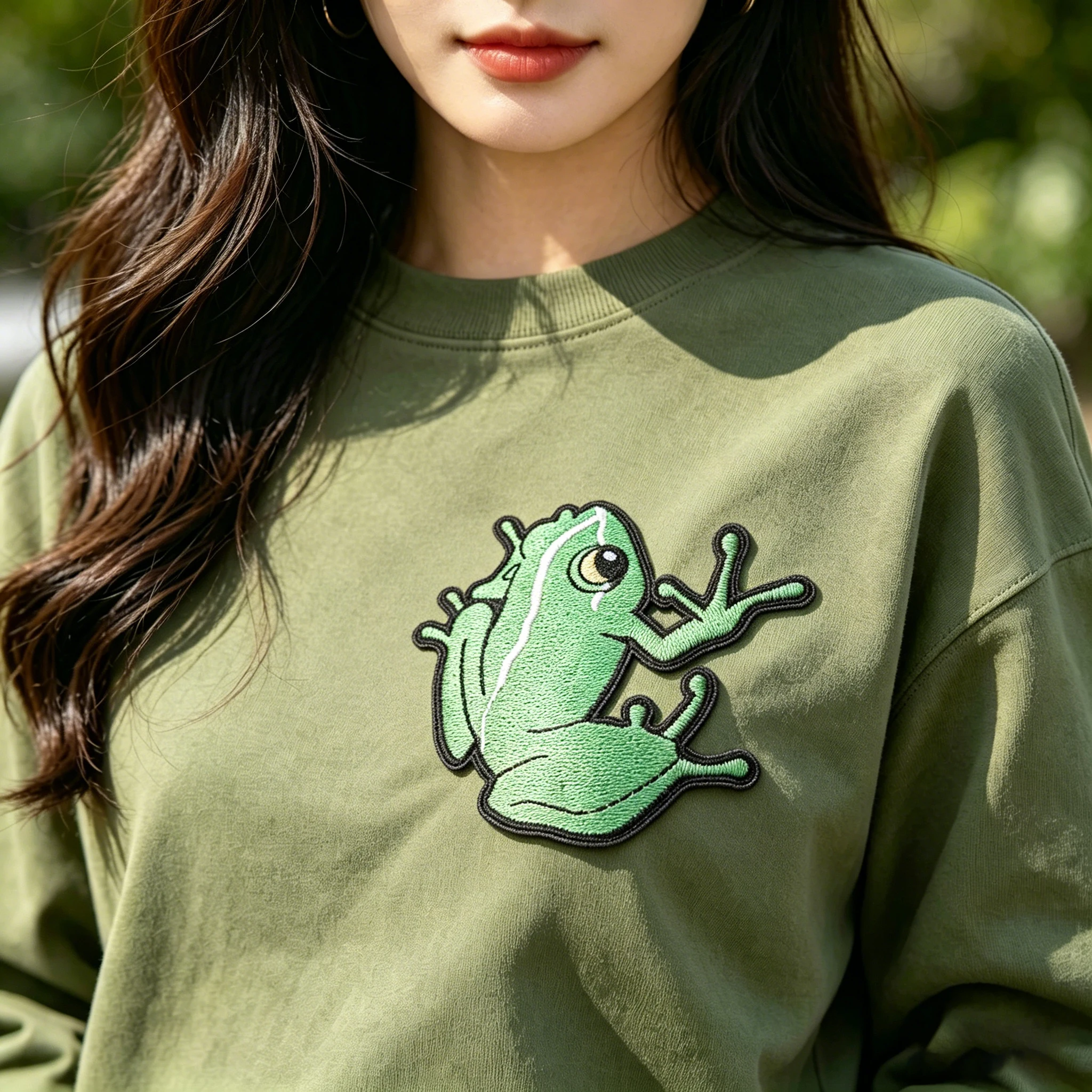 Lustiger grüner Frosch-Stickerei-Aufnäher, niedliche Geste, zum Aufbügeln oder Aufnähen, Applikation für Kleidung, T-Shirt, Hoodie, Jeans, Dekoration – Detail 1
