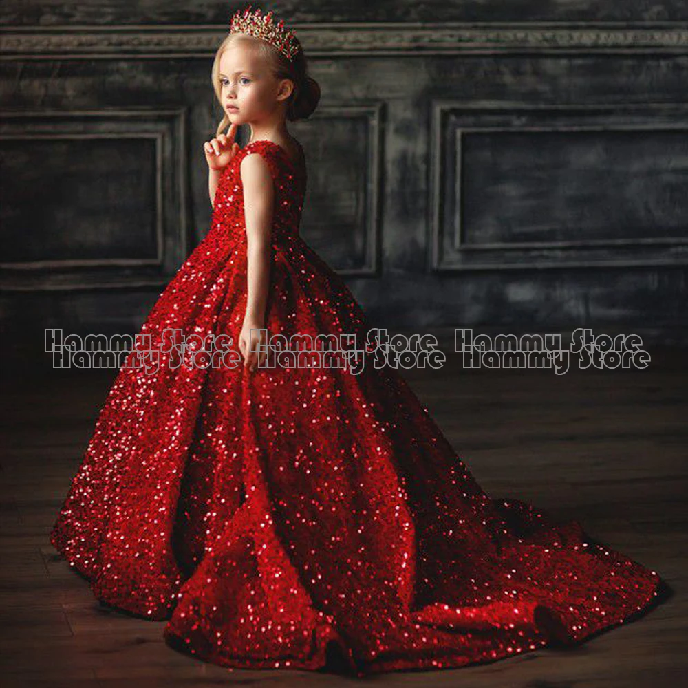 Red Ball Gown Flower Girl Dress Customized O Neck Sleeveless Glitter Sequin Long  Birthday  Kids Graduation Party Dresses