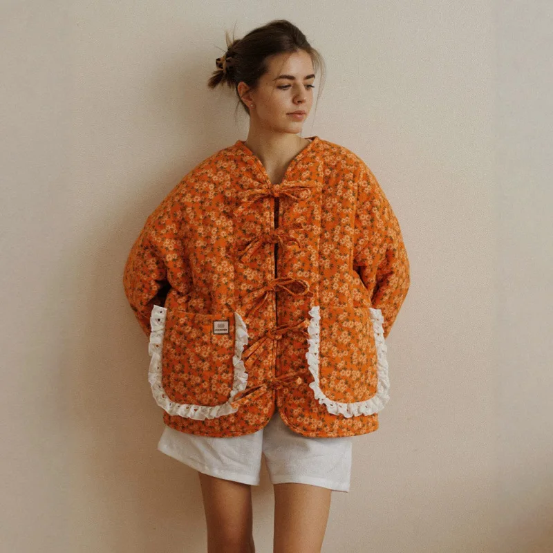 Women's 2026 Autumn/winter New Sweet And Fresh Floral. Print Loose Cotton Jacket Outerwear Top Summer Dresses 2026 Party Elegant