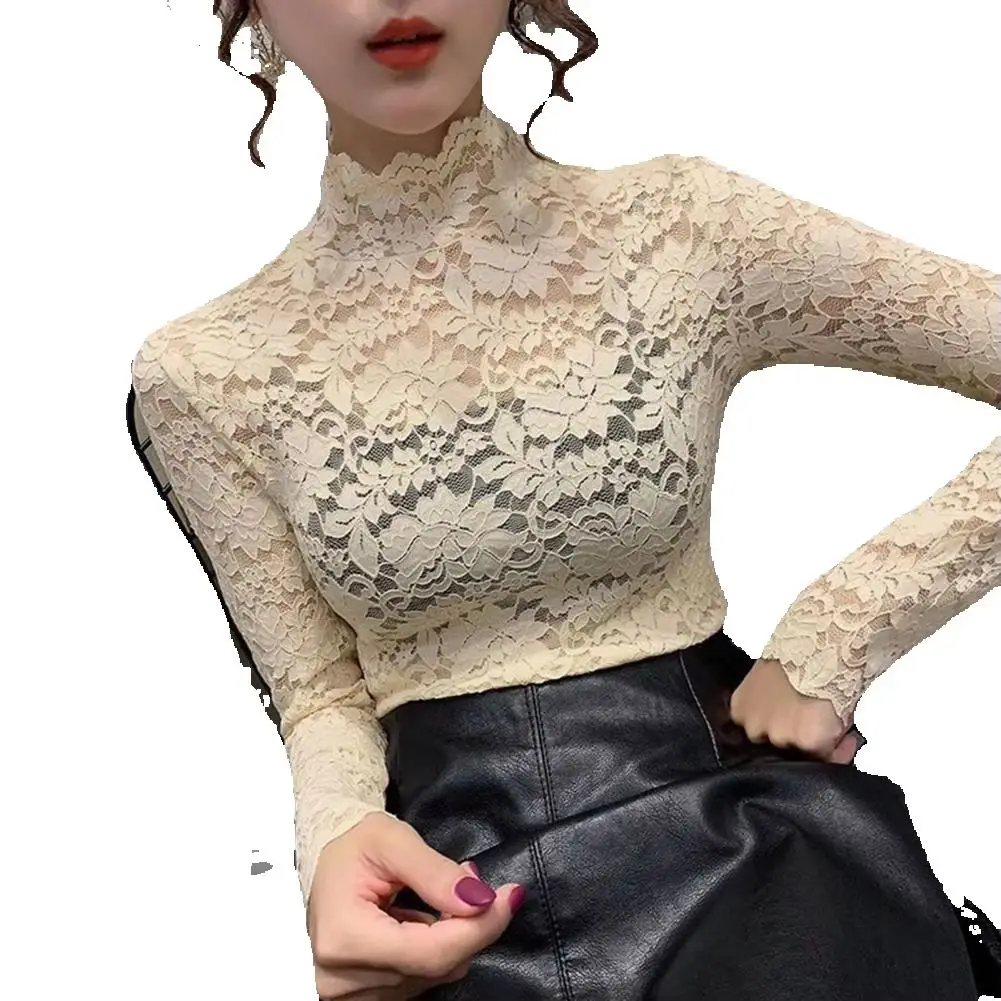 Women Elegant Crochet Top Hollow Floral Blouse Shirt Half High Collar Lace Women Blouse Long Sleeve See-Through Sexy Lace Blouse