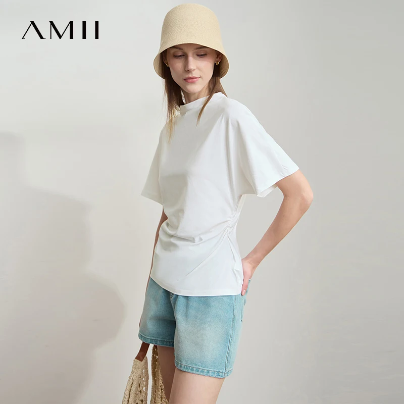 AMII minimaliste décontracté femmes t-Shirt 2025 été nouveau solide col roulé à manches courtes dames hauts vêtements de mode femme 12522126