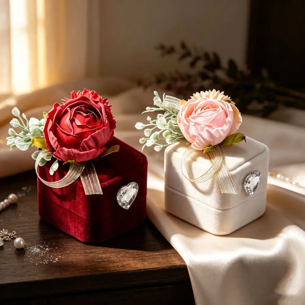 Heart Shaped Wedding Ring Box Artificial Flower Shiny Rhinestone Jewelry Display Case Romantic Design Smooth Material