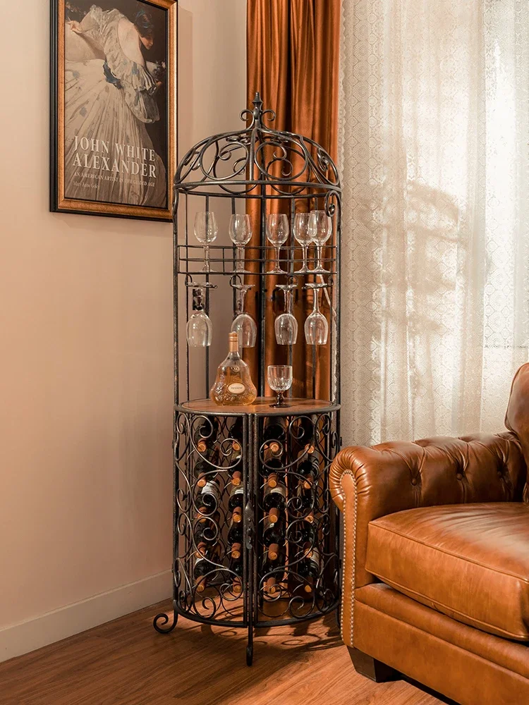 Retro European-Style Iron Wine Cabinet Restaurant Wine Rack Creative Bird Cage Floor Shelf