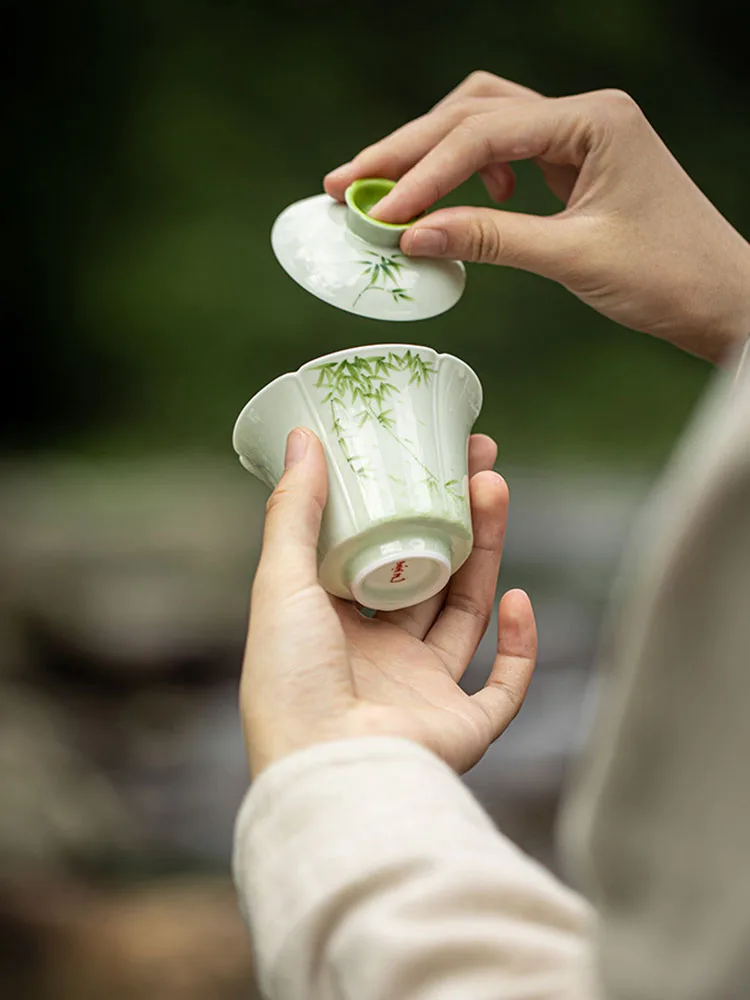 Small Green Hand Painted Bamboo Ceramic Cover Teacup Kung Fu Tea Set Household Chinese Style Rock Brewing Bowl