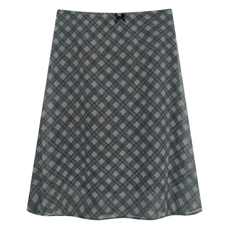 Vintage Women's Gray Checkered Midi Skirt - Diamond Pattern A-Line Skirt Bow Detail | Casual Elegant Skirt for Daily Office Wear