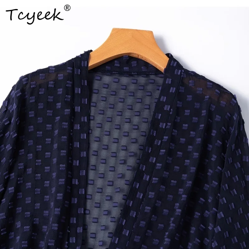 

Tcyeek Women's 100% Mulberry Silk Cardigan,Cut Flower Gauze Solid Sun-Protective Lantern Sleeve Coat,2025 Summer T55746JF