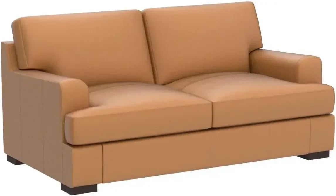 Durable Genuine Leather Loveseat  Luxurious Comfort Goose Feather Cushion Filling Square Arm Design Sturdy Block Legs Elegant