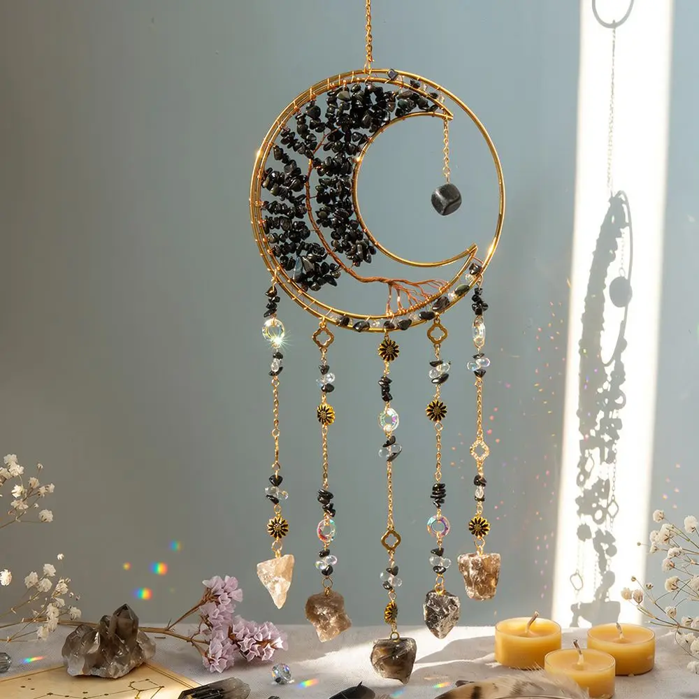 Modern Tree Of Life Moon Hanging Ornament Black Stone Pendant Sun Catcher For Window Balcony Home Decoration