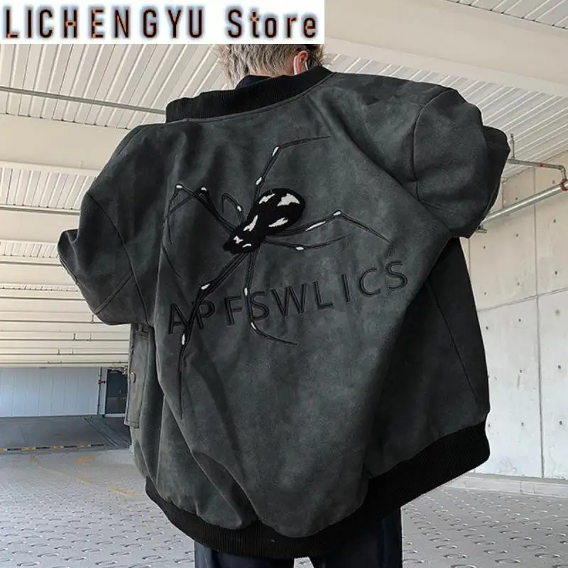 New Autumn Spider Embroidery Bomber Jacket Men PU Leather Coat Fashion Korean Streetwear Zip Up Baseball Outerwear Clothing Male