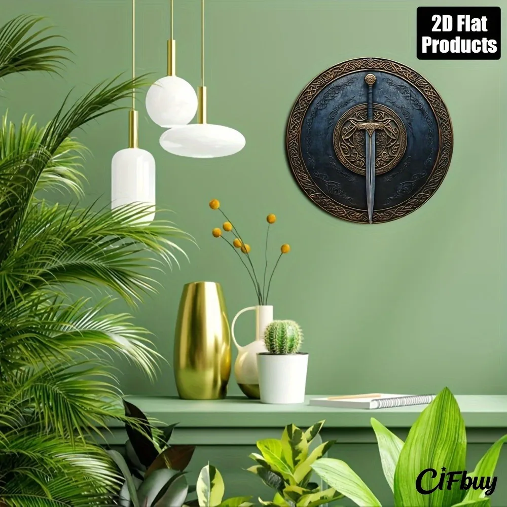 CIFbuy Vintage Sword And Shield Aluminum Wall Art Waterproof Durable Metal Sign For Home Office Bar