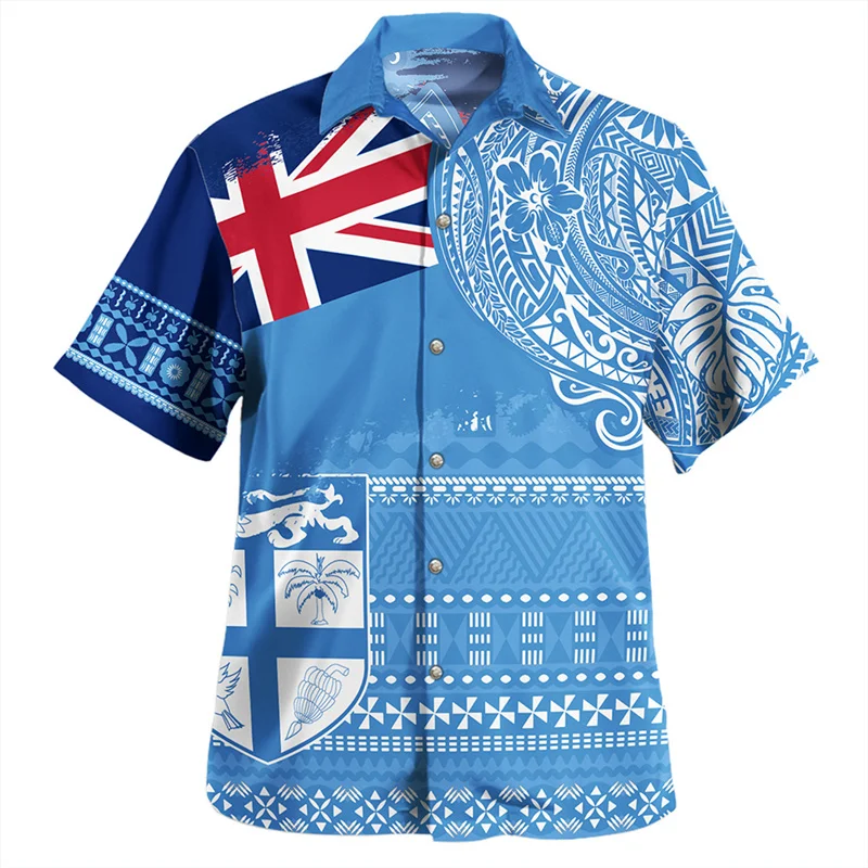 Harajuku 3D Philippines Fiji Flag Emblem Rugby Printing Shirts Fiji Coat Of Arm Graphic Short Shirts Men Hawaiian Clothing Tops