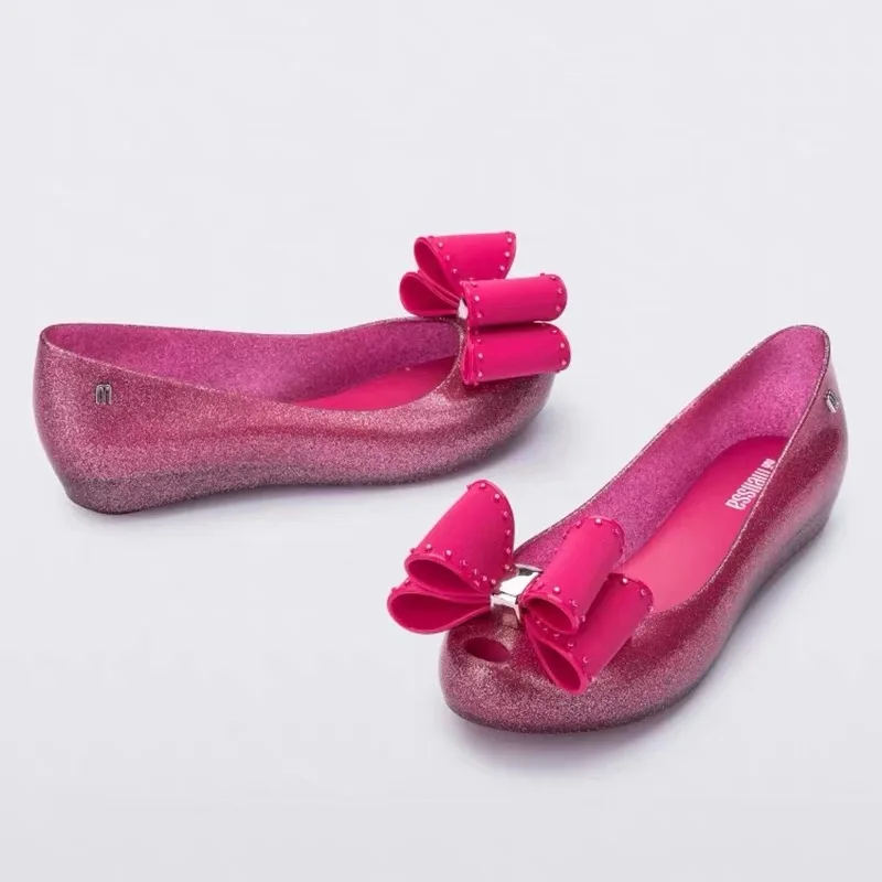 Mini Melissa Bow Women's Single Shoes Adult Girls Fish Mouth Jelly Shoes Ladies Slope Heel Low Top Sandals Beach Shoes Female