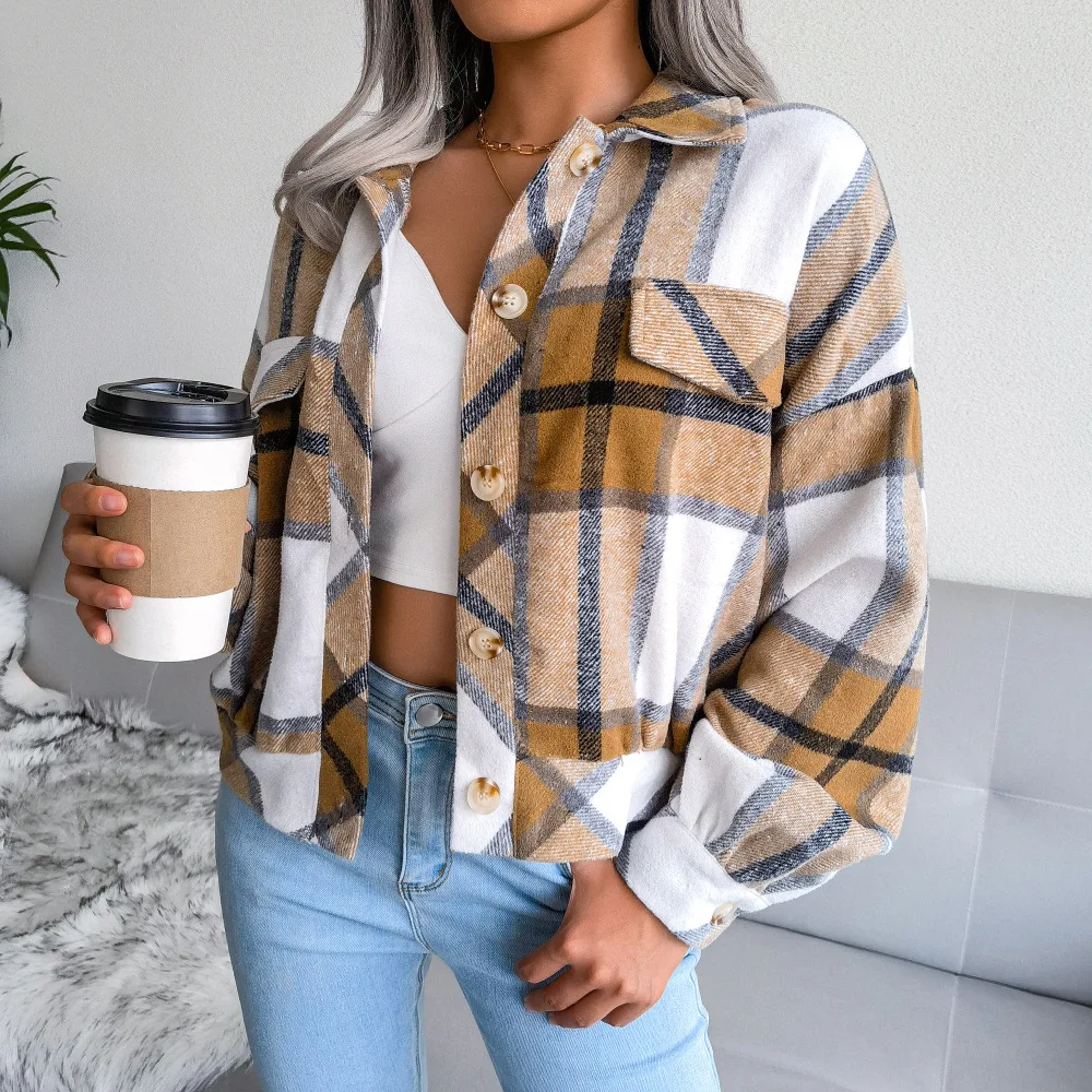 Autumn Winter Women Plaid Woolen Jacket Turn-down Collar Short Top Lantern Sleeve Ladies Casual Fashion Single Breasted Coat