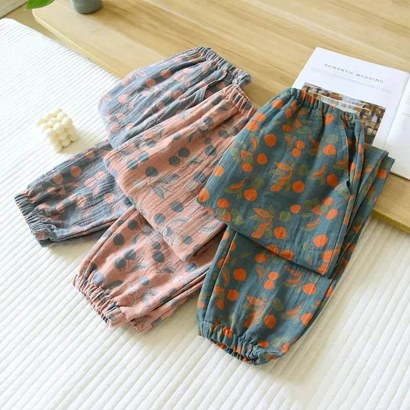 Floral New100% Print Loose Sleepwear Long Women Pants Loungewear 2023 Cotton Autumn Summer Gauze Women's Pajamas