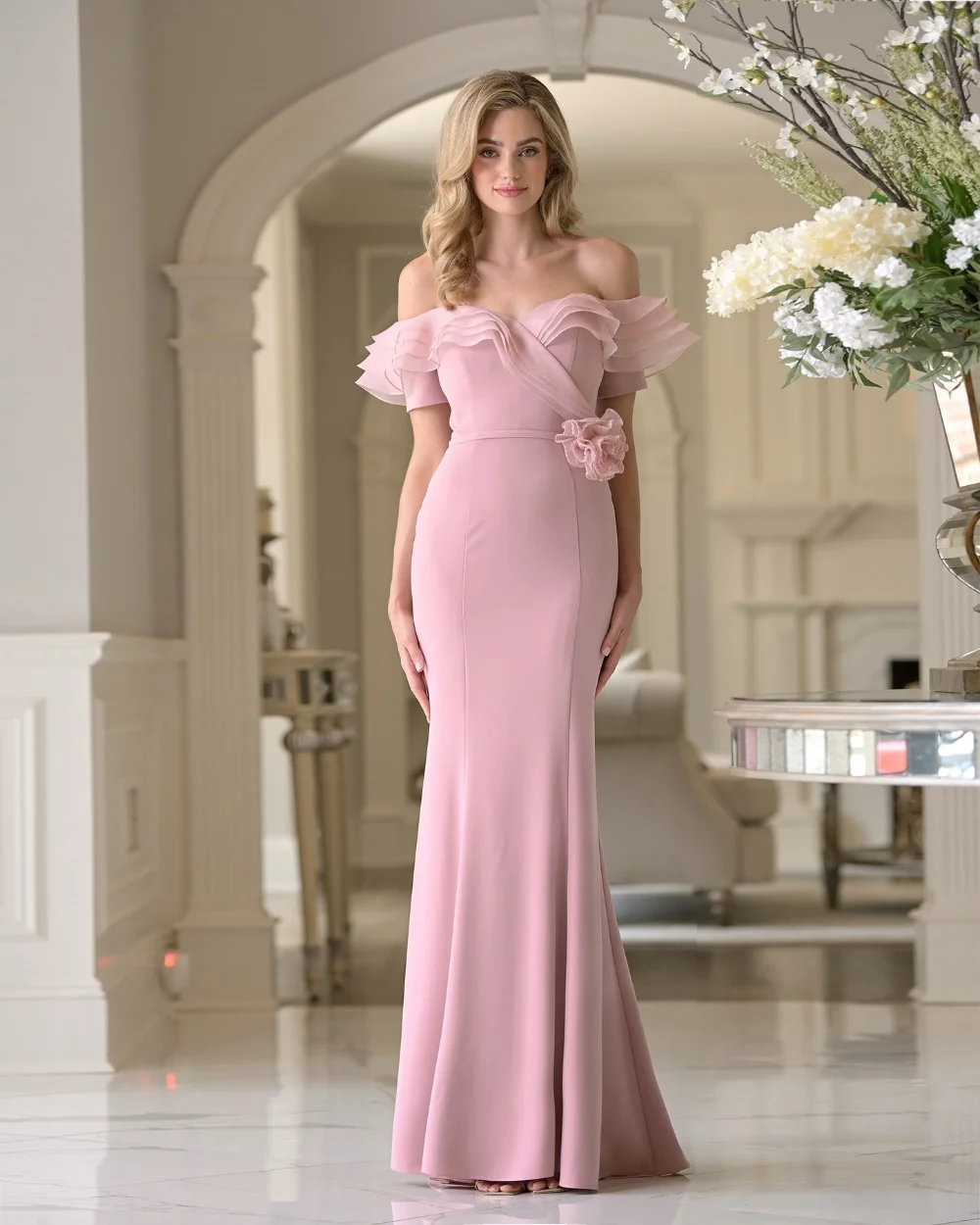 

Customized Pink Exquisite Pastrol Jersey Pleat Handmade Flower Mermaid Off-the-shoulder Long Dresses Evening Dresses Fashion