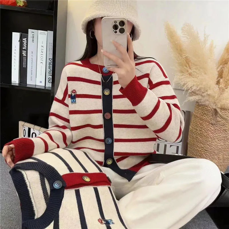 Spring and Autumn New Striped Sweater College Casual Knitted Cardigan Coat Versatile Female