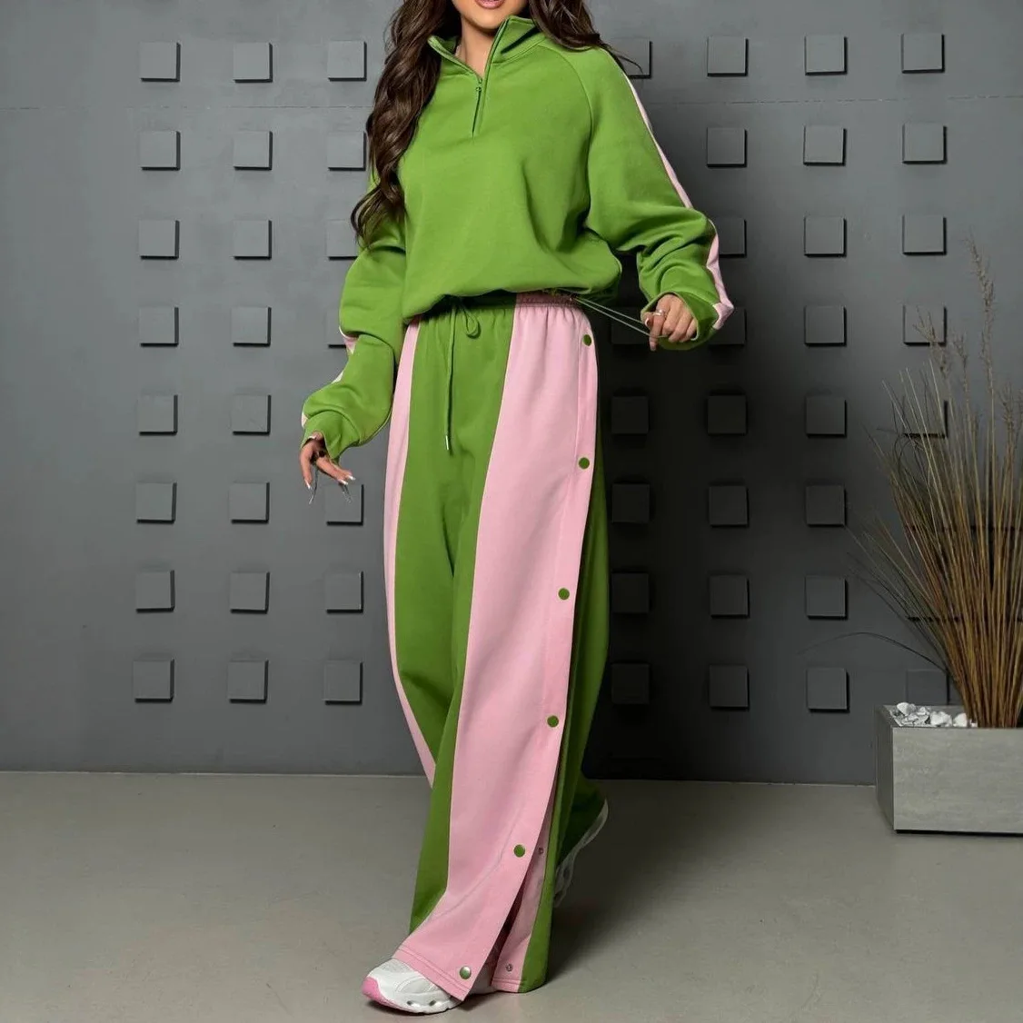 New women's clothing fashion semi-open neck long-sleeved sweater trousers casual suit color matching two-piece set