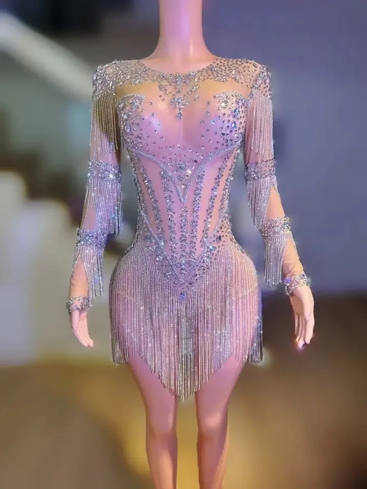 

Sparkly Rhinestone Bodysuit Birthday Wear Women Sexy Mesh See Through Performance Dance Nightclub Rompers Singer Stage Outfit