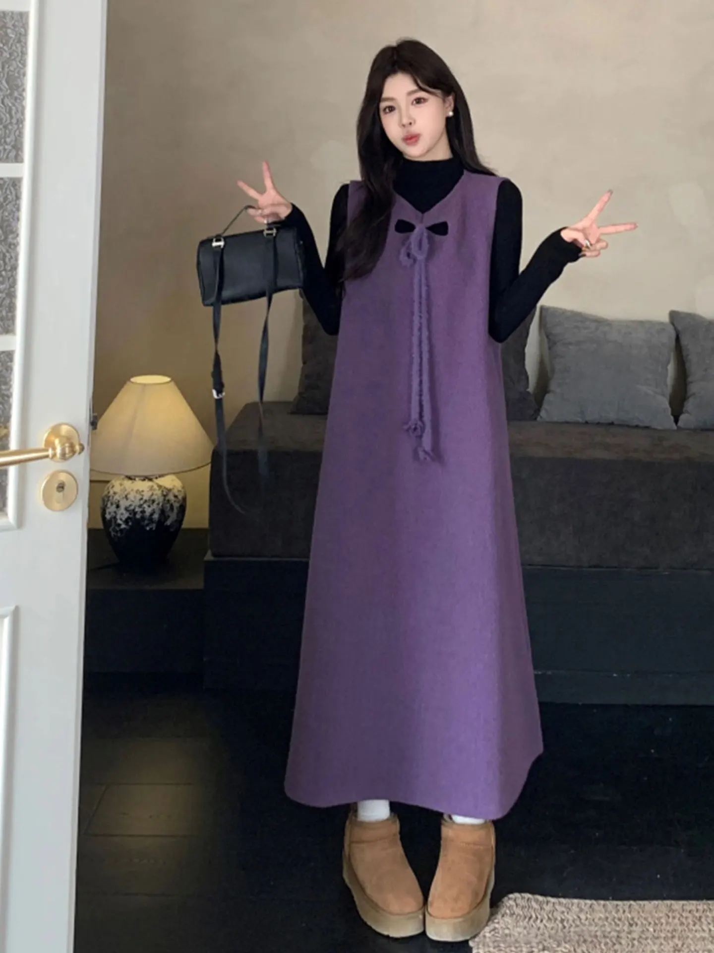 

Фиолетовый жилет, шерстяная юбка, комплект из двух предметов, большие размеры, женская мода, осень-зима, Thiened, с высоким воротником, основа irt Dr Casual