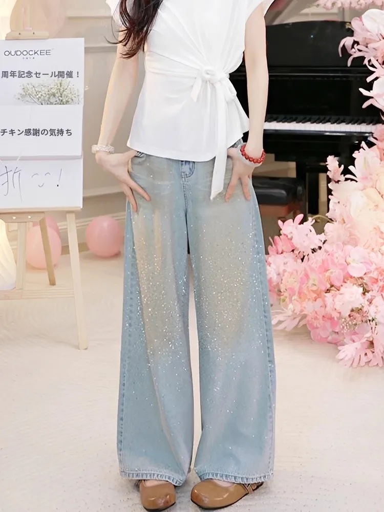 

Джинсы с высокой талией и широкими штанинами, женские повседневные прямые джинсы, новая весенняя модель, прочные, удобные, из смесового хлопка, деним.