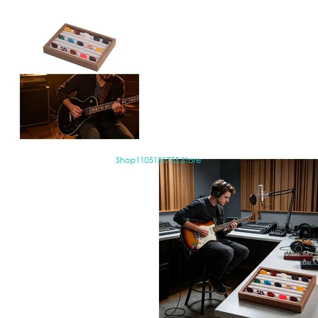 K0EF Guitar Pick Tray with 15 Picks, Wooden Holder with Divided Grooved Rows for Desk Storage, Home Guitar Use, and Rehearsal