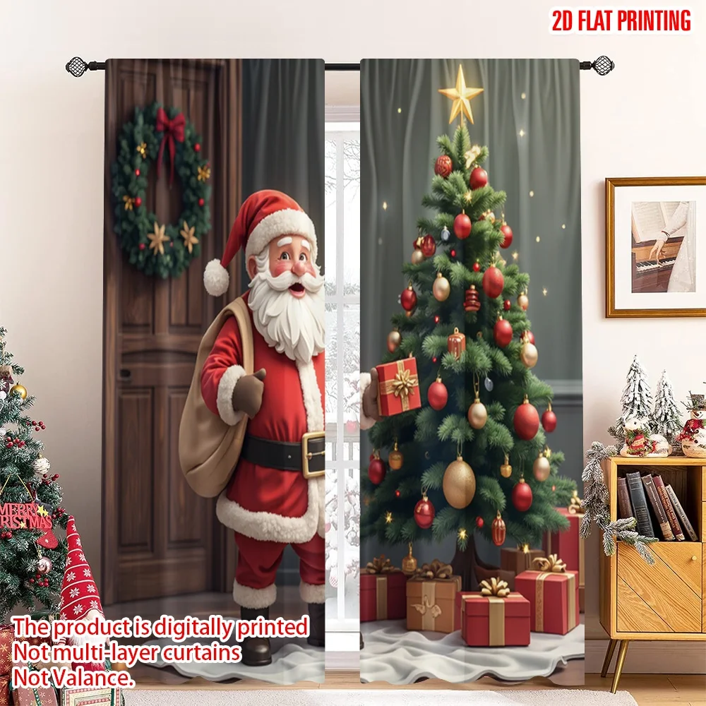 

2pcs 2D flat printing Merry Christmas Scene Curtains Santa Claus Snowman Christmas Tree Polyester Without Electricity Family