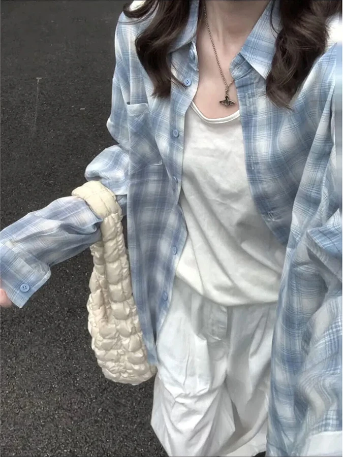 

Свободное женское синее клетчатое длинное пальто с воротником све, корейское летнее новое солнцезащитное пальто Lazy Sle, верхняя одежда