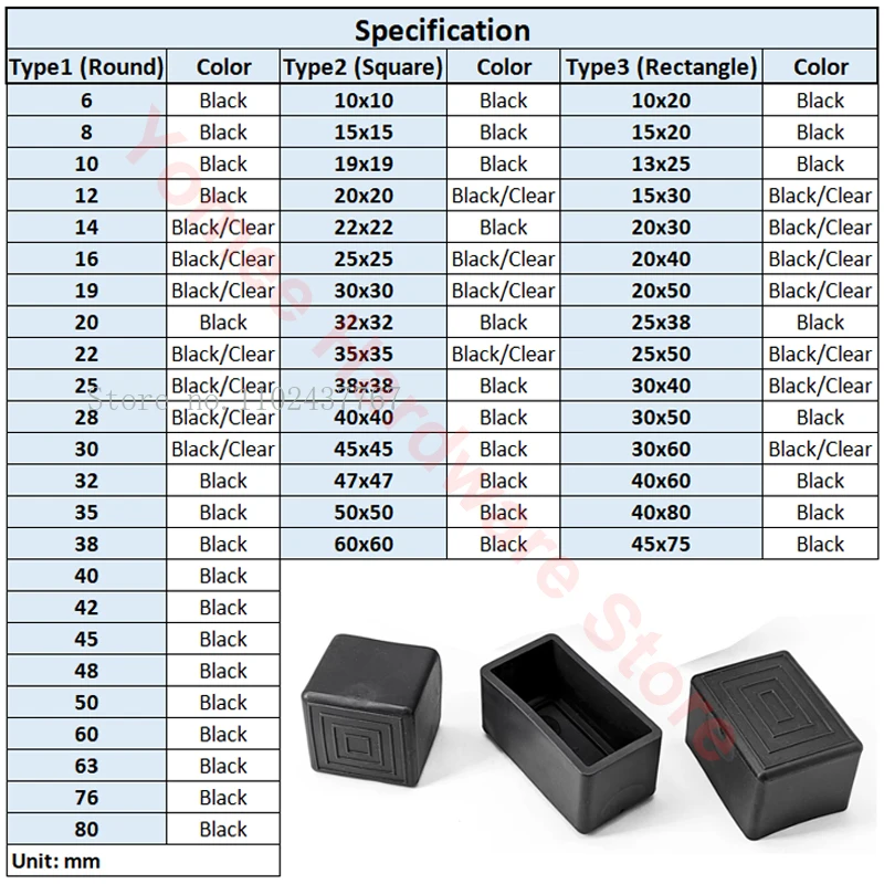 Square Silicone Chair Leg Caps Black Table Foot Leveling Non-slip Dust Cover 10x10mm~60x60mm