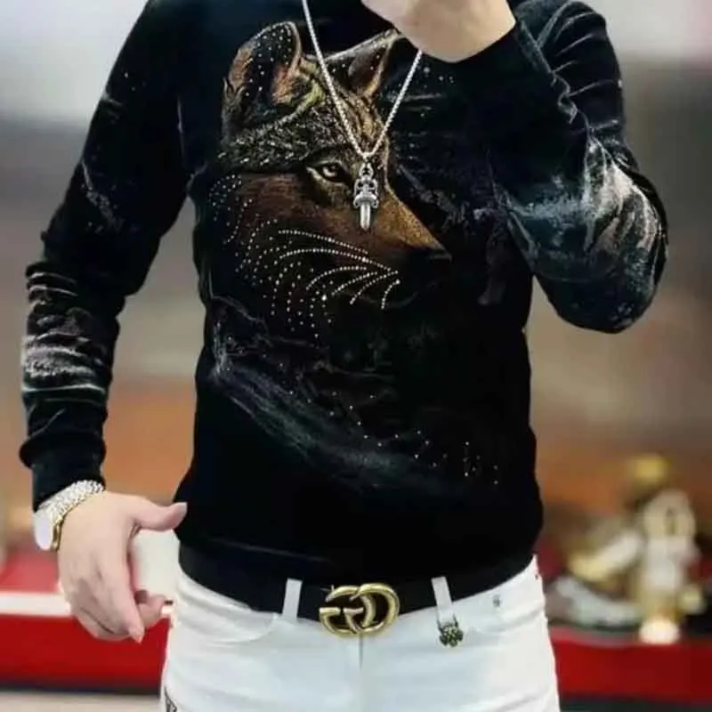 Men's New Casual Slim Round Neck Gold Velvet Fashion Versatile Sweatshirt Long Sleeve Bottom T-Shirt Top