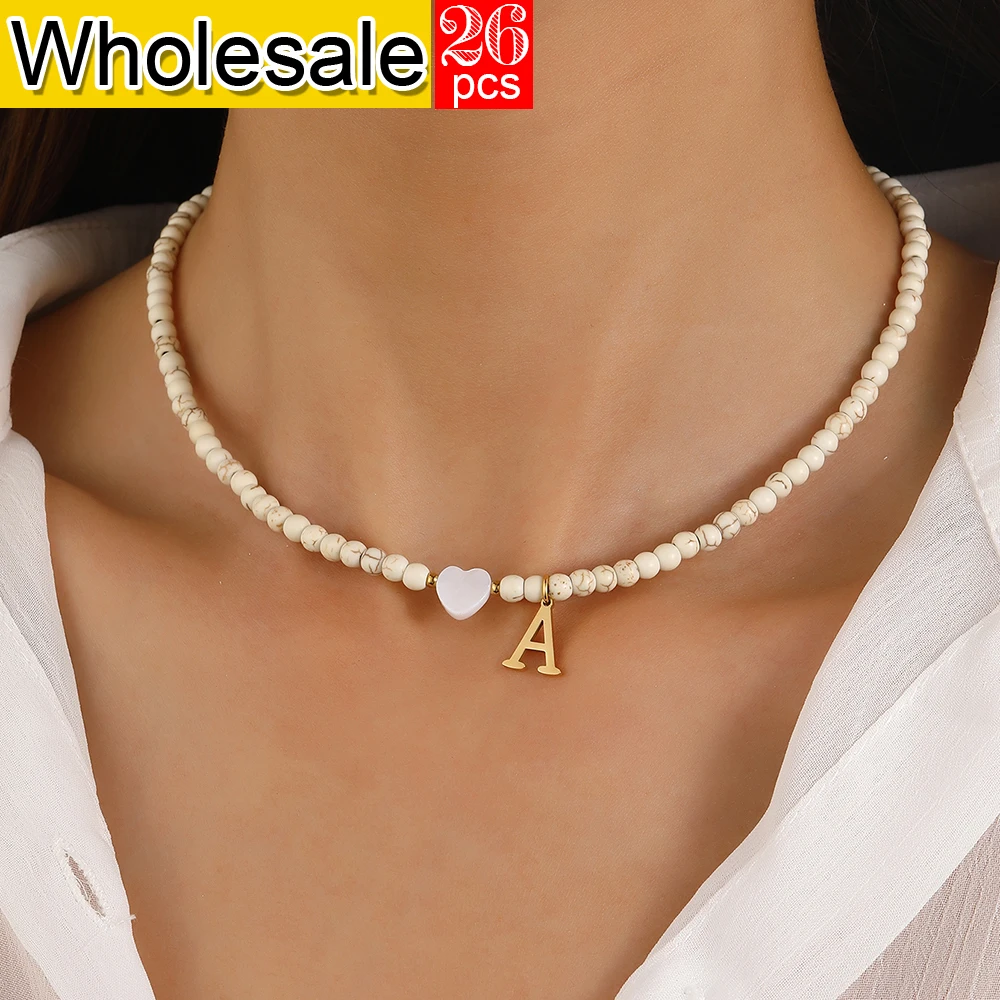 26PCS Summer White Short Necklace Bohemian Heart shaped Natural Shell A-Z Initial Pendant Small Beach Women's Necklace Wholesale