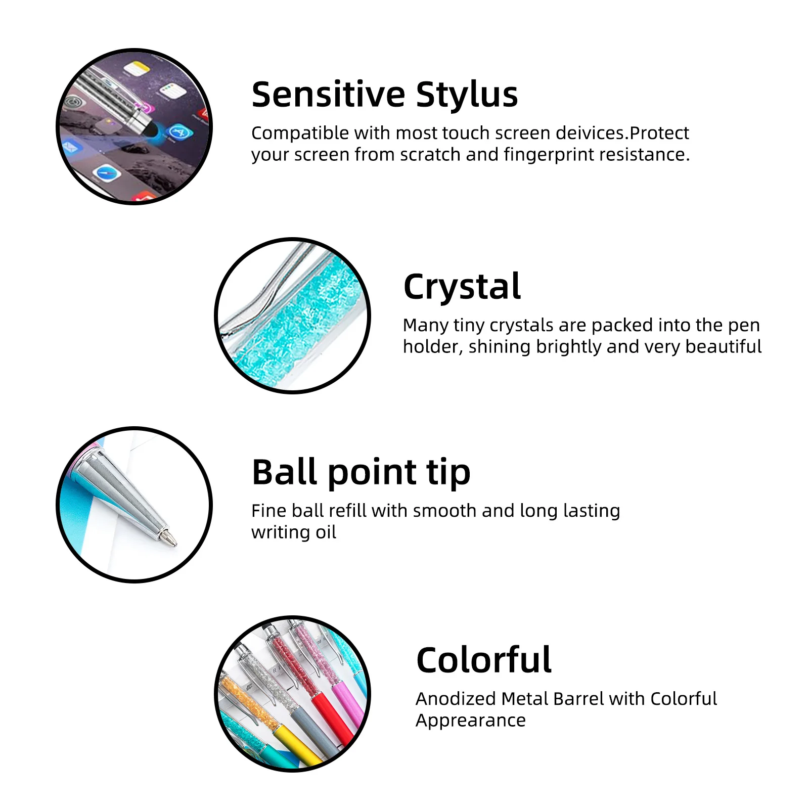 Custom Logo Stylus Ball Pen Color Crystal Touch Screen Ballpoint Pen Promotional Gift Pen Personalized Giveaway Bulk Lot 10 50