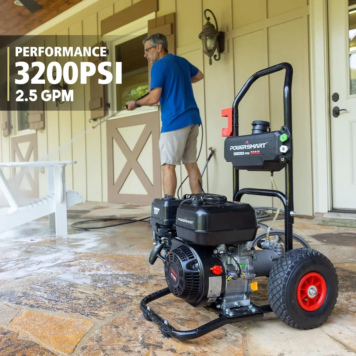 Gas Pressure Washer 3200 PSI, 2.5 with Soap Tank, Metal Spray Wand, 5 Nozzles for House, Driveways