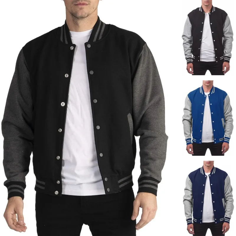 New Spring Men's Baseball Jacket Matching Color Fleece Cardigan Button Coat Teenager Sports Casual Jacket Top Outwear S-2XL