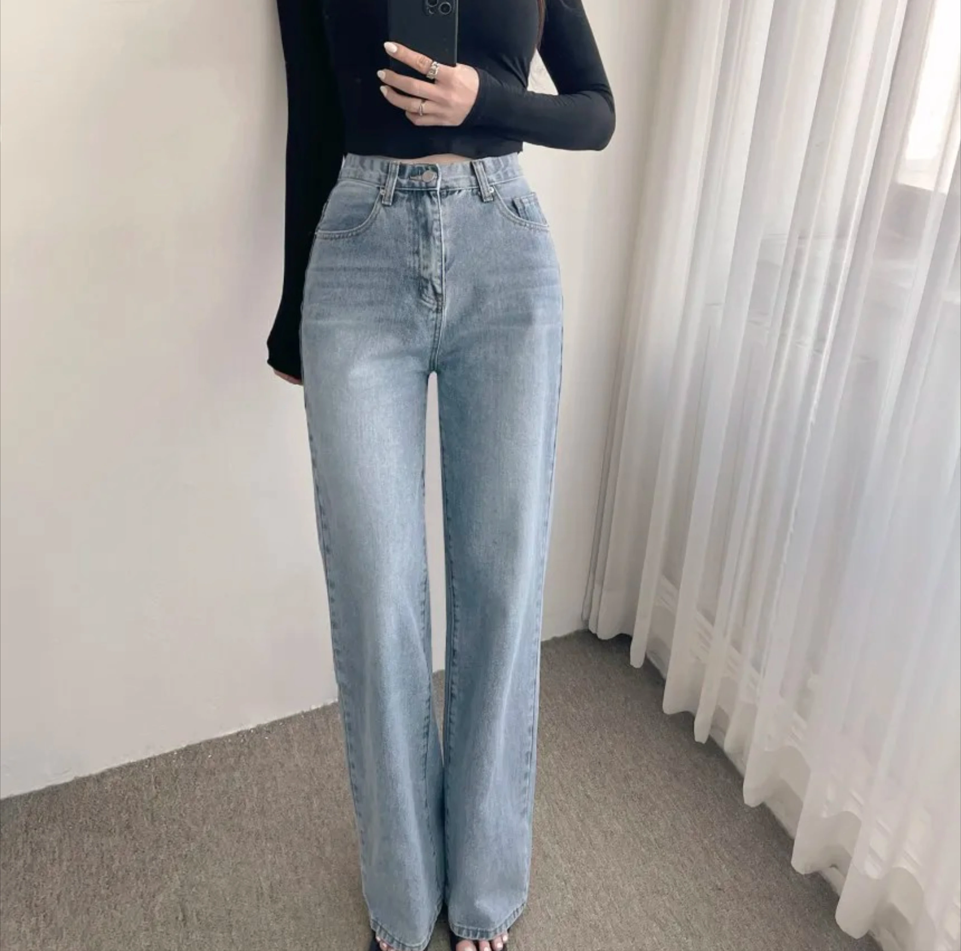 Nowe spodnie jeansowe z szerokimi nogawkami w stylu vintage na wiosnę i lato, z wysokim stanem, niebieskie, postarzane, luźne, codzienne.