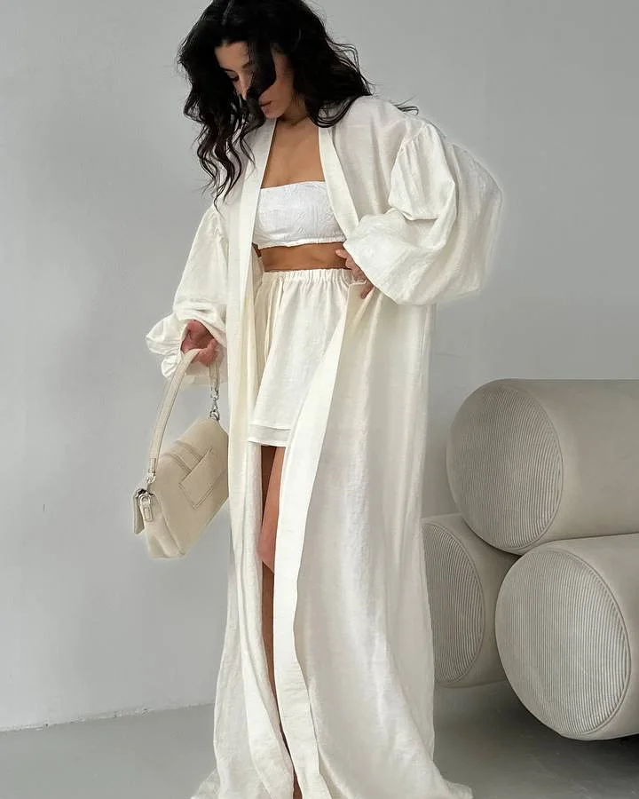 طقم شورت مكون من قطعتين سترة صوفية عصرية بأكمام واسعة + شورت واسع الساق طقم كاجوال معاطف أنيقة بأكمام كاملة