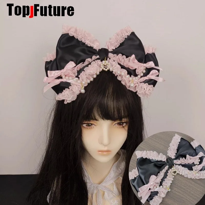

Steampunk Y2K girl Mars Gal Harajuku Goth Ji System Subculture Pearl Lace Lolita Women black pink Bow Hair Clip Top Hairpin