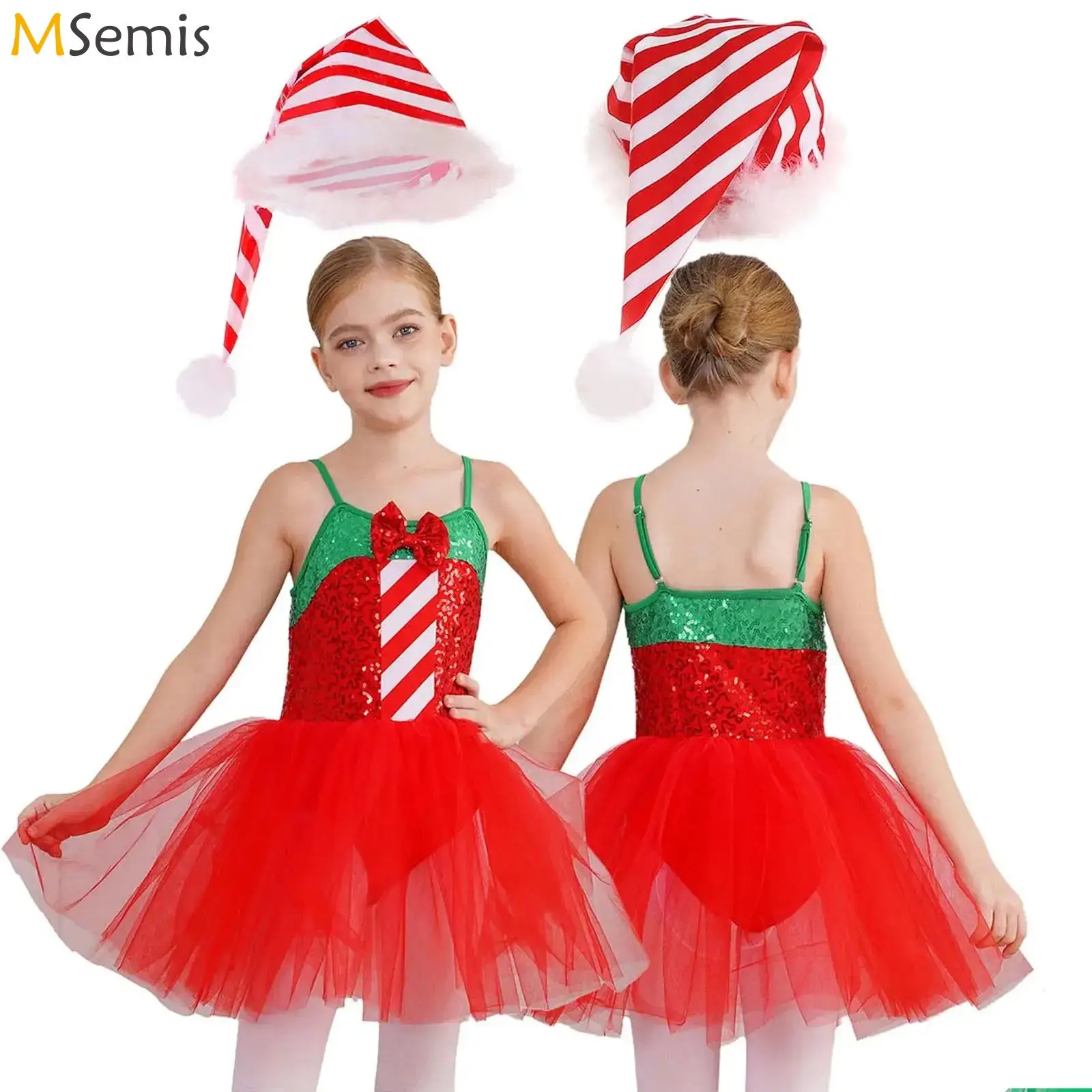 

Kids Girls Christmas Ballet Dance Dress Sequins Candy Cane Mrs Santa Claus Costume Mesh Tutu Dress Figure Skating Dance Leotard