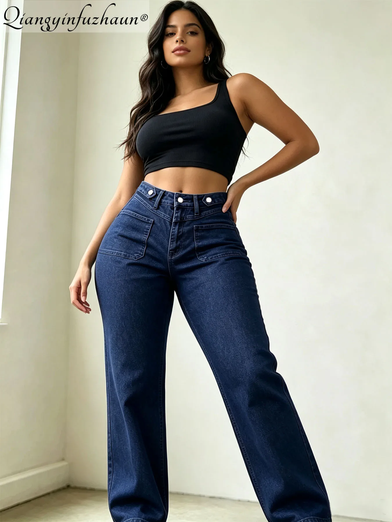 Women's Washed Straight Denim Pants with Multiple Ear Designs at the Waist. Casual Denim Pants Suitable for All Occasions, Perfe