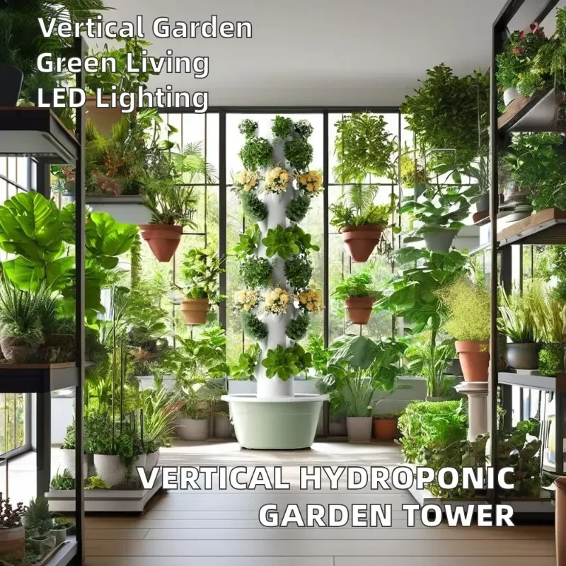 

Interior Classic Design NFT Hydroponic Garden Tower Flower Pot LED Lighting Home Vertical Planting System