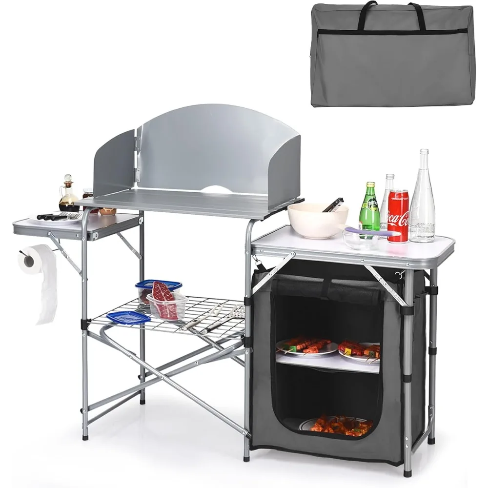 

Camping Kitchen Table, Folding Camp Table with Detachable Windscreen, Storage Organizer & Carrying Bag, Portable Outdoor Cookin